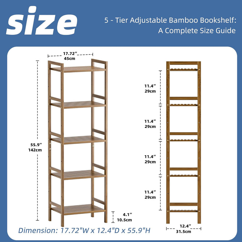 Bamboo Bookshelf 5-Tier Skinny Bookcase with Adjustable Shelves