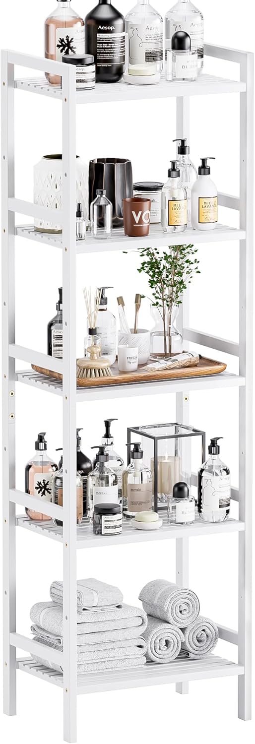 Bamboo Bookshelf 5-Tier Skinny Bookcase with Adjustable Shelves