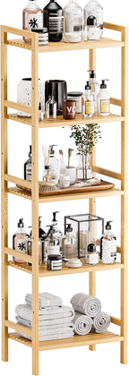 Bamboo Bookshelf 5-Tier Skinny Bookcase with Adjustable Shelves