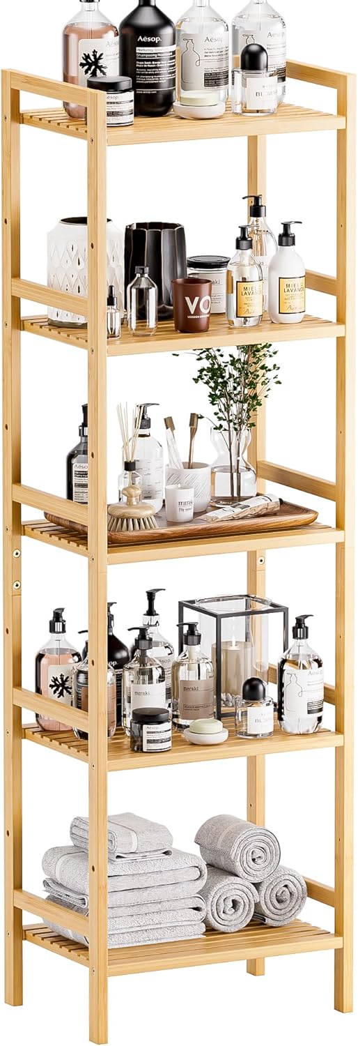 Bamboo Bookshelf 5-Tier Skinny Bookcase with Adjustable Shelves