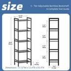 Bamboo Bookshelf 5-Tier Skinny Bookcase with Adjustable Shelves