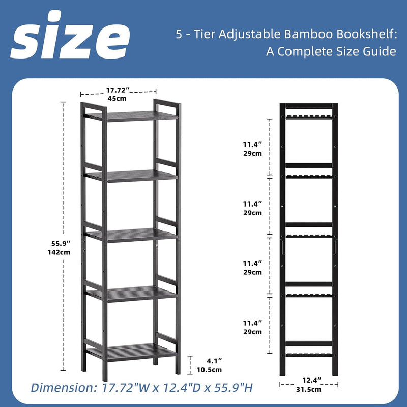 Bamboo Bookshelf 5-Tier Skinny Bookcase with Adjustable Shelves