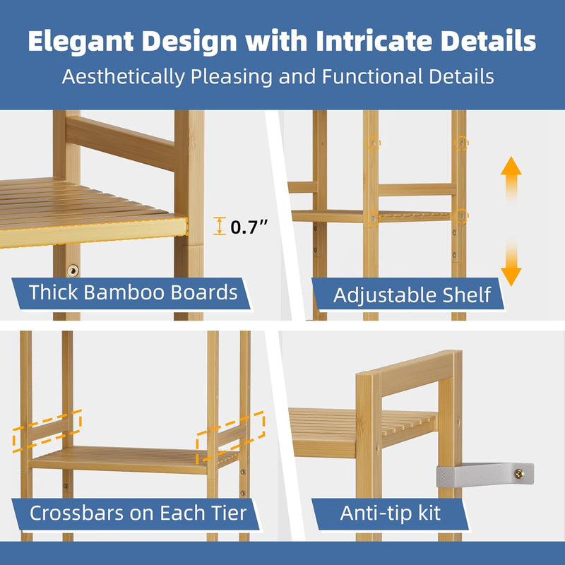 Bamboo Bookshelf 5-Tier Skinny Bookcase with Adjustable Shelves