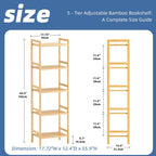 Bamboo Bookshelf 5-Tier Skinny Bookcase with Adjustable Shelves