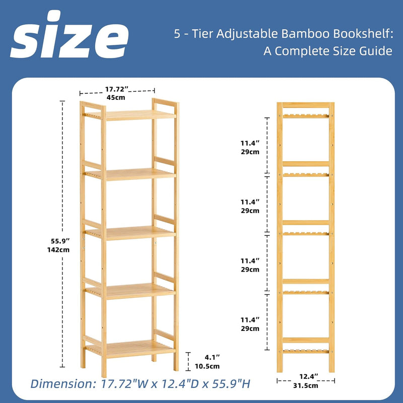 Bamboo Bookshelf 5-Tier Skinny Bookcase with Adjustable Shelves