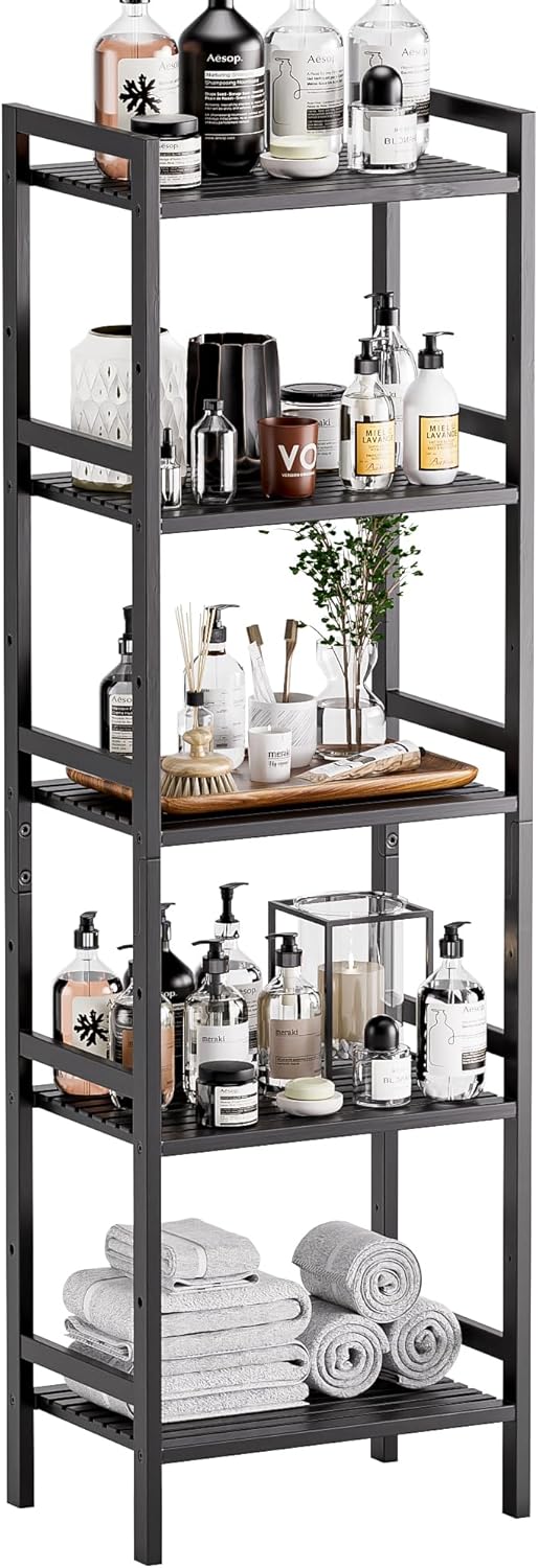Bamboo Bookshelf 5-Tier Skinny Bookcase with Adjustable Shelves