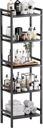Bamboo Bookshelf 5-Tier Skinny Bookcase with Adjustable Shelves