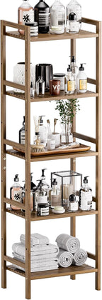 Bamboo Bookshelf 5-Tier Skinny Bookcase with Adjustable Shelves
