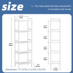 Bamboo Bookshelf 5-Tier Skinny Bookcase with Adjustable Shelves