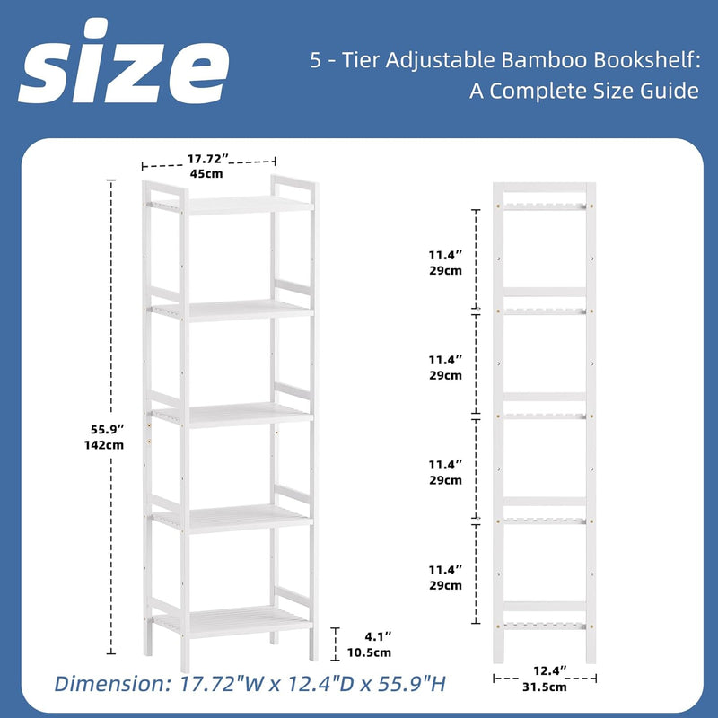 Bamboo Bookshelf 5-Tier Skinny Bookcase with Adjustable Shelves