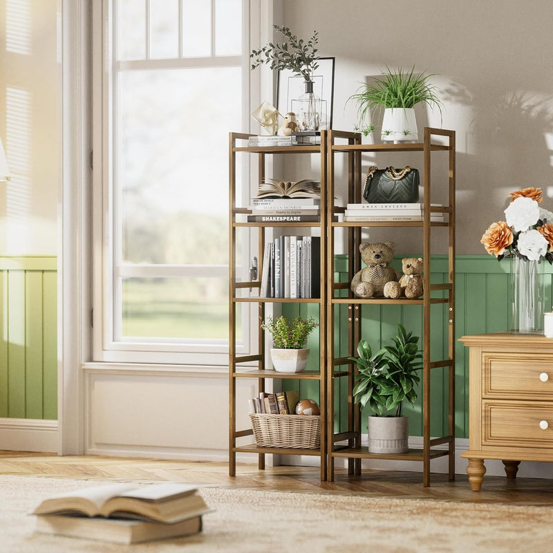 Bamboo Bookshelf 5-Tier Skinny Bookcase with Adjustable Shelves