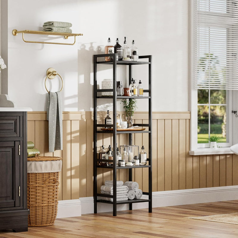 Bamboo Bookshelf 5-Tier Skinny Bookcase with Adjustable Shelves