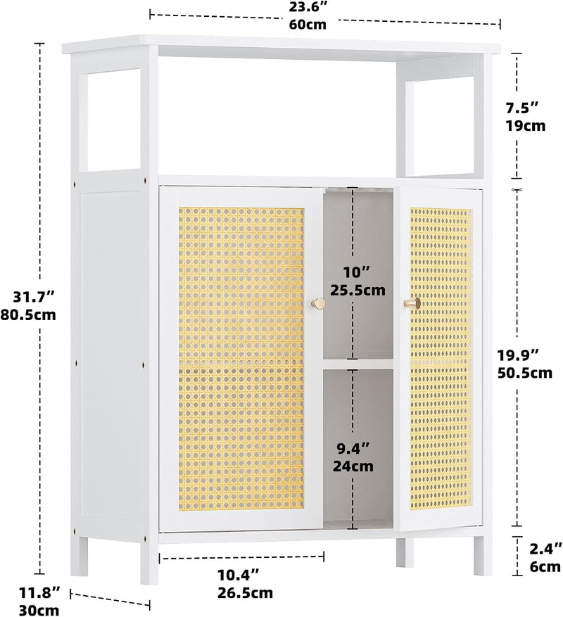 Bamboo Cabinet Bathroom Storage with Rattan Doors Freestanding