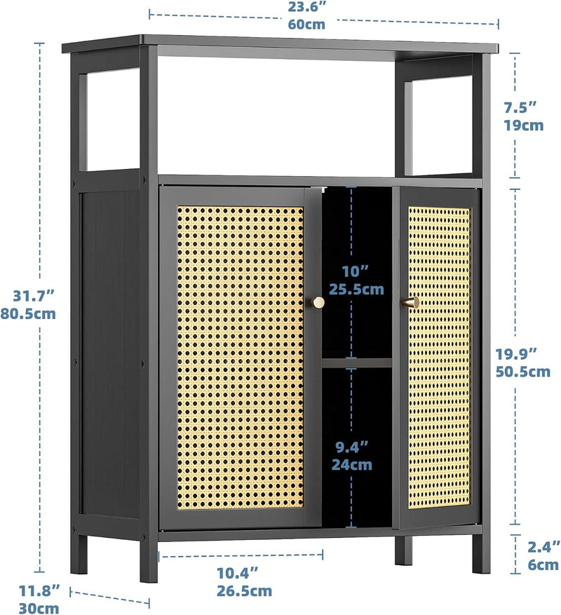Bamboo Cabinet Bathroom Storage with Rattan Doors Freestanding