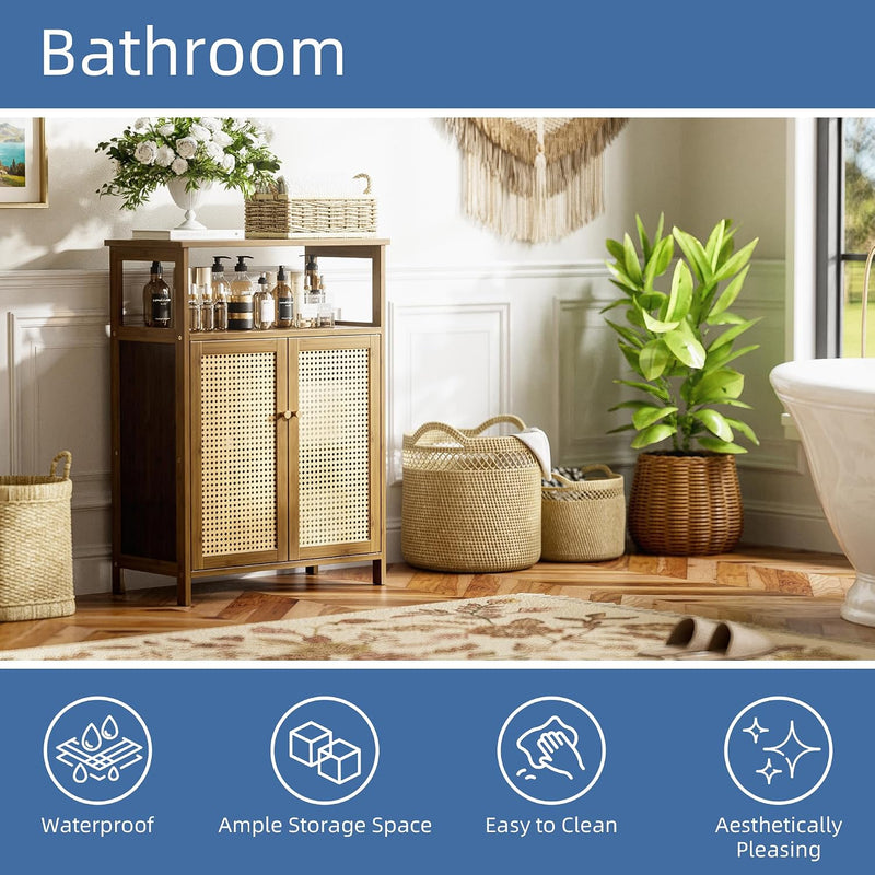Bamboo Cabinet Bathroom Storage with Rattan Doors Freestanding