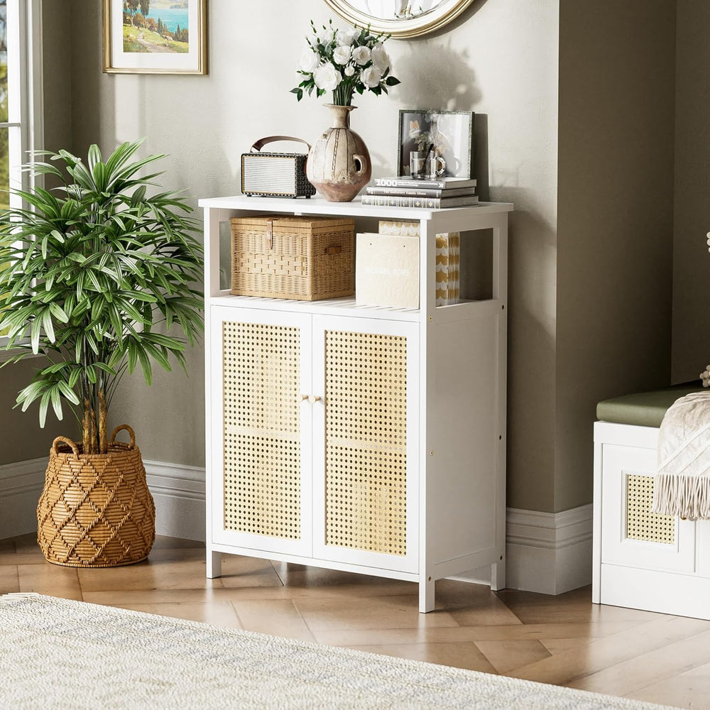 Bamboo Cabinet Bathroom Storage with Rattan Doors Freestanding