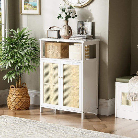 Bamboo Cabinet Bathroom Storage with Rattan Doors Freestanding