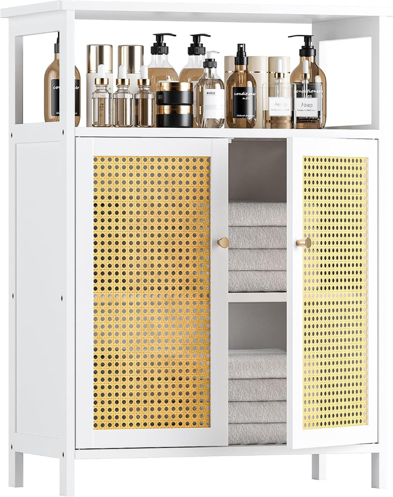 Bamboo Cabinet Bathroom Storage with Rattan Doors Freestanding