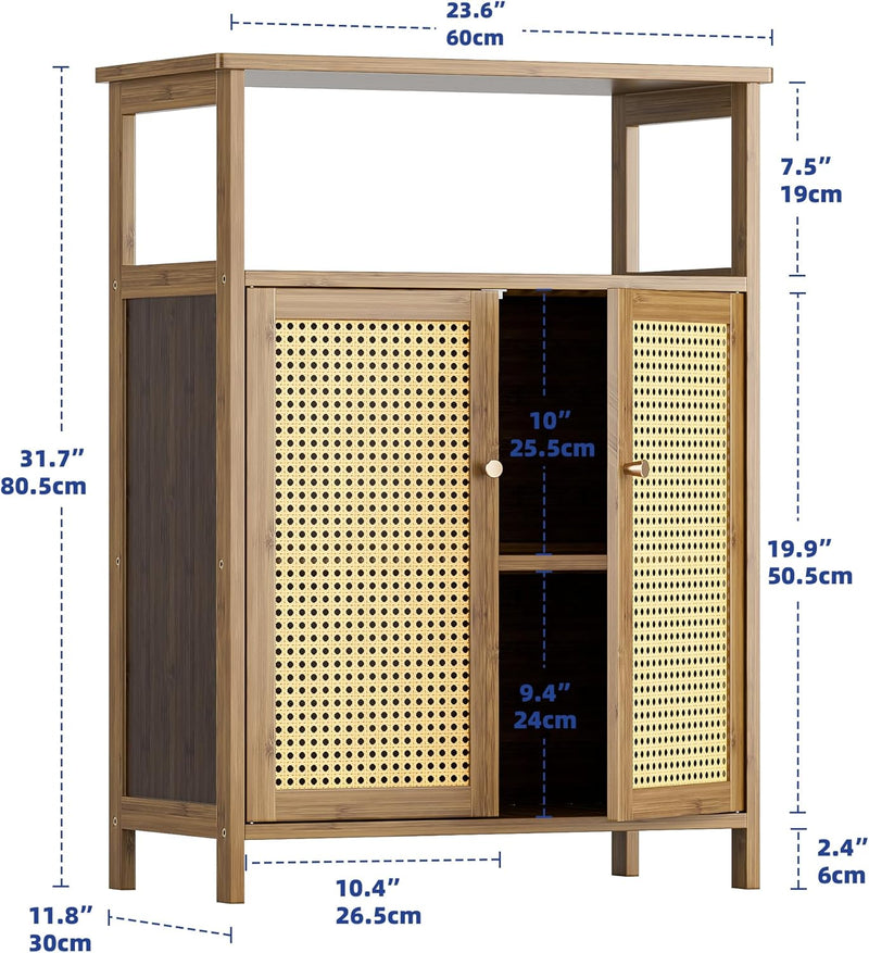 Bamboo Cabinet Bathroom Storage with Rattan Doors Freestanding