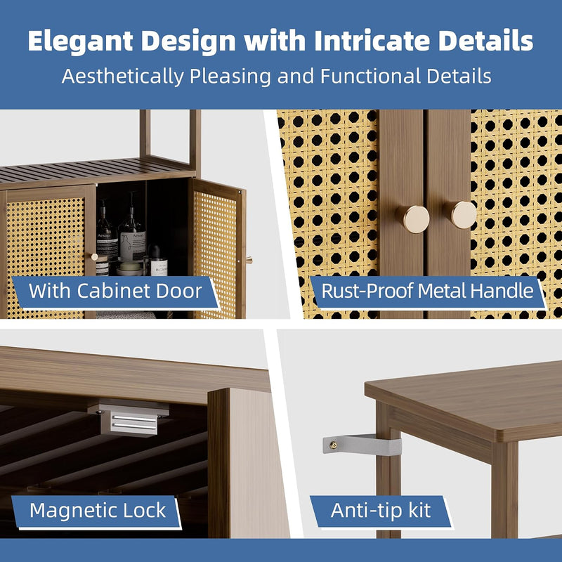 Bamboo Cabinet Bathroom Storage with Rattan Doors Freestanding