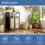 Bamboo Cabinet Bathroom Storage with Rattan Doors Freestanding