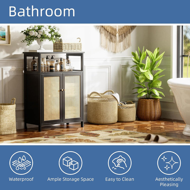 Bamboo Cabinet Bathroom Storage with Rattan Doors Freestanding