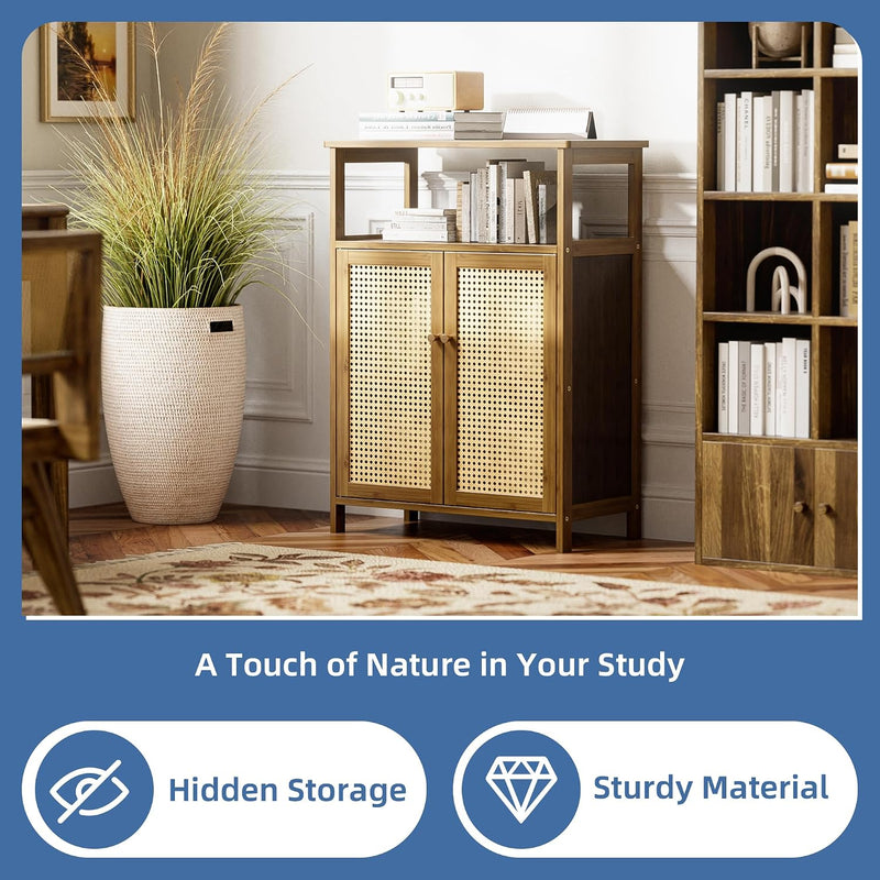 Bamboo Cabinet Bathroom Storage with Rattan Doors Freestanding