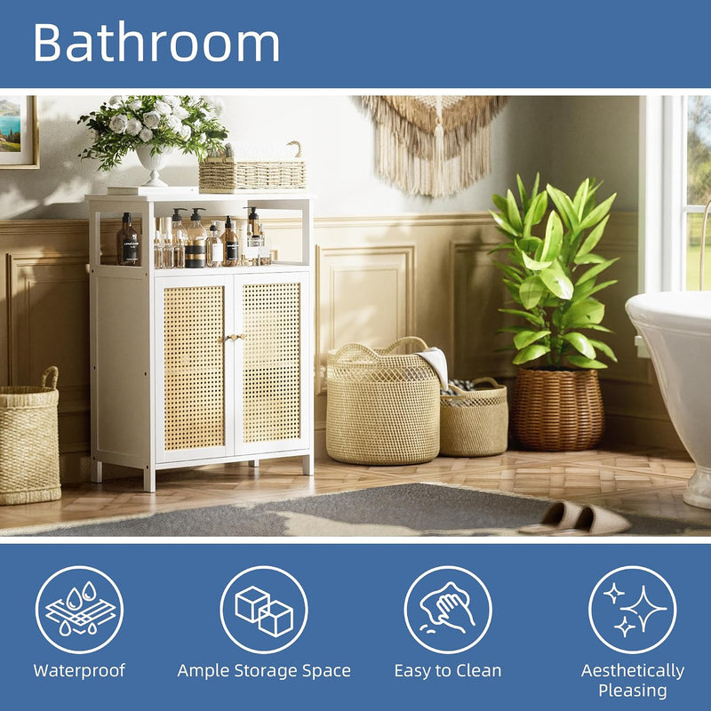 Bamboo Cabinet Bathroom Storage with Rattan Doors Freestanding