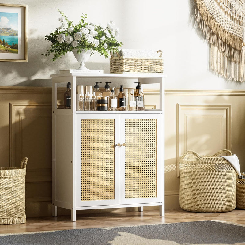 Bamboo Cabinet Bathroom Storage with Rattan Doors Freestanding