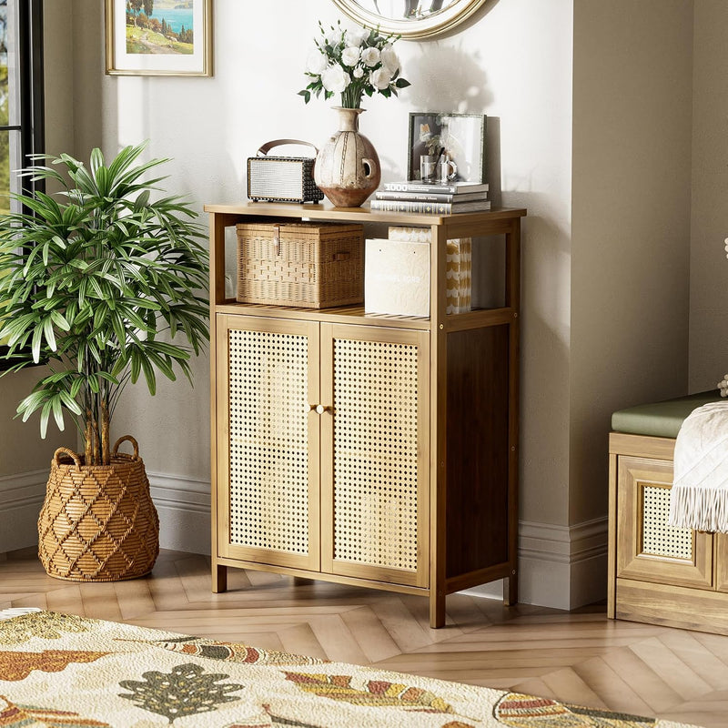 Bamboo Cabinet Bathroom Storage with Rattan Doors Freestanding