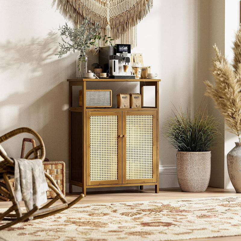 Bamboo Cabinet Bathroom Storage with Rattan Doors Freestanding