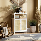 Bamboo Cabinet Bathroom Storage with Rattan Doors Freestanding
