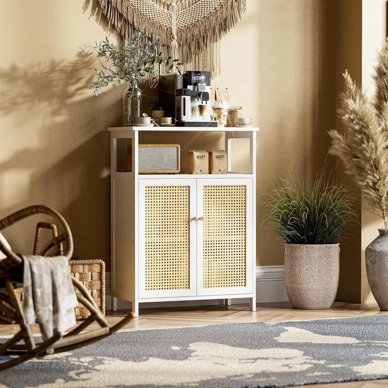 Bamboo Cabinet Bathroom Storage with Rattan Doors Freestanding