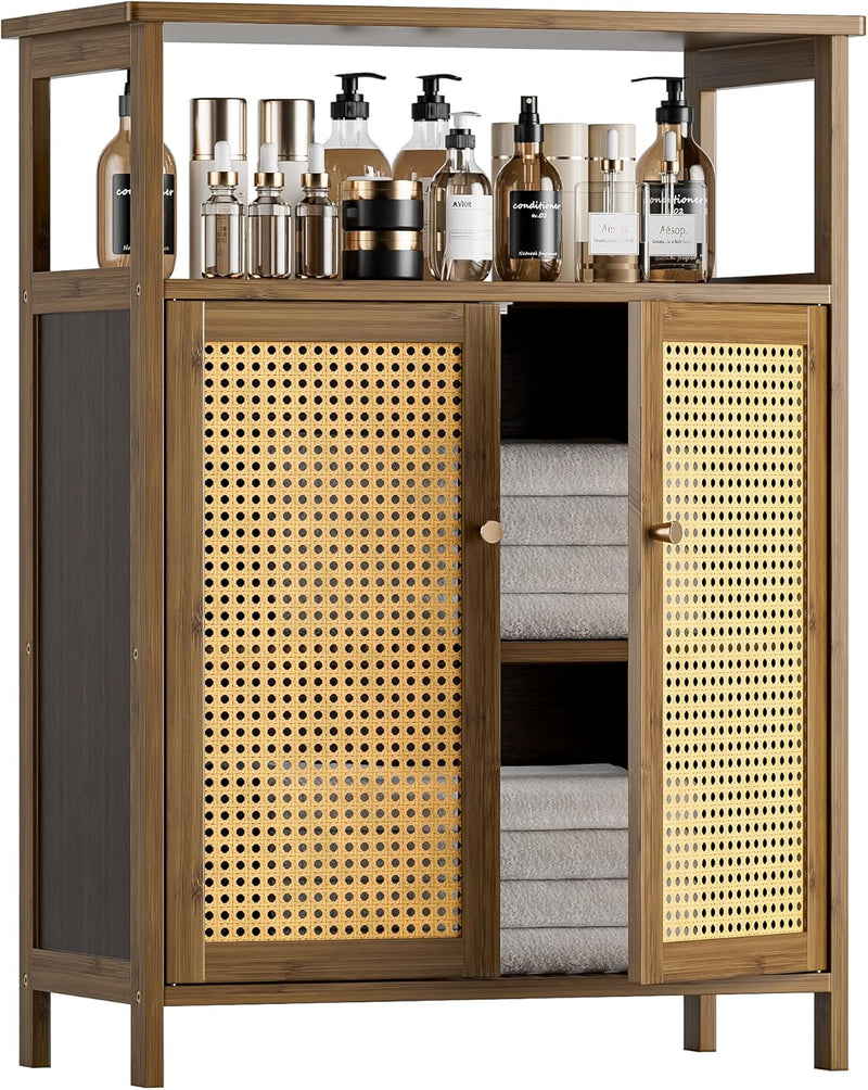 Bamboo Cabinet Bathroom Storage with Rattan Doors Freestanding