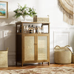 Bamboo Cabinet Bathroom Storage with Rattan Doors Freestanding