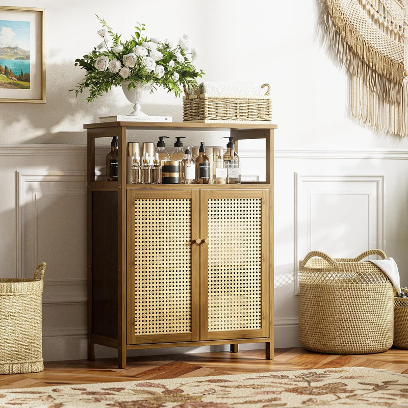 Bamboo Cabinet Bathroom Storage with Rattan Doors Freestanding