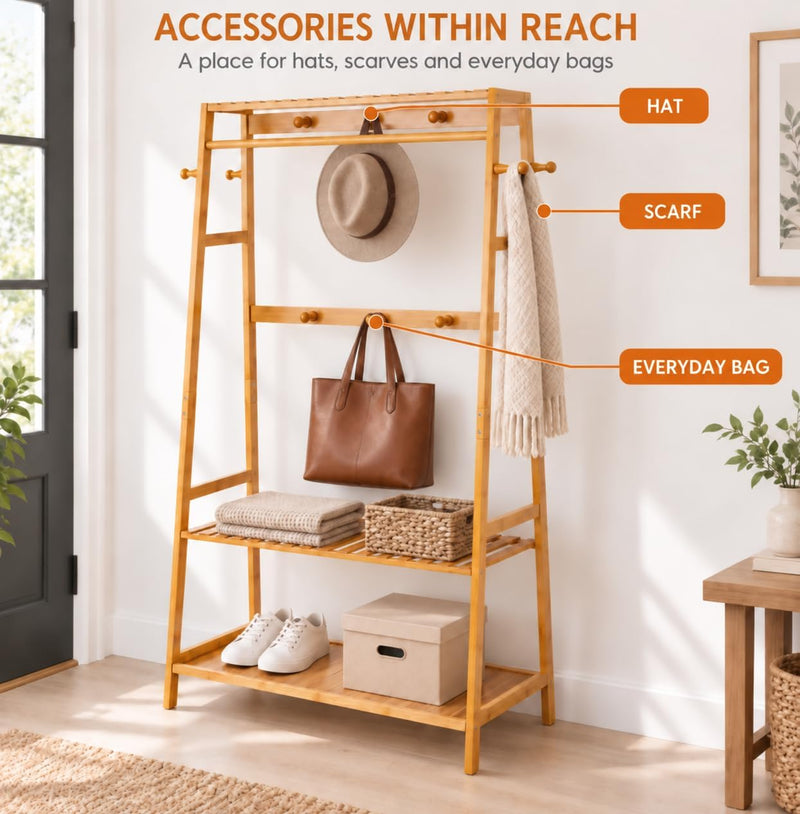 Bamboo Clothes Rail with 3 Shelves