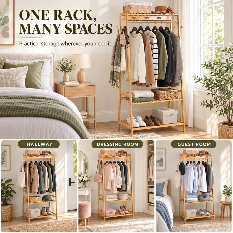 Bamboo Clothes Rail with 3 Shelves