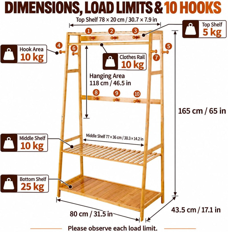 Bamboo Clothes Rail with 3 Shelves