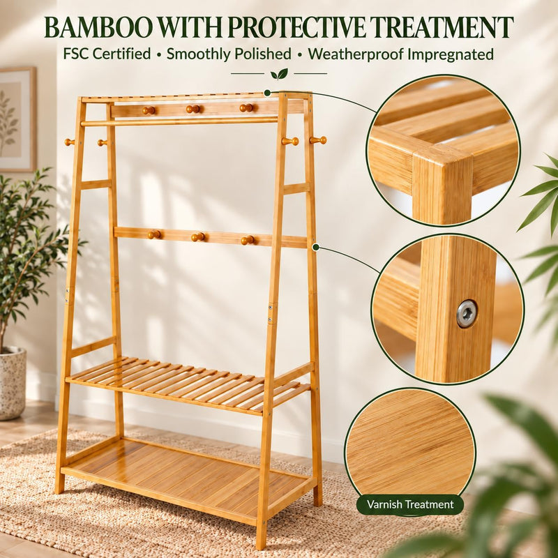 Bamboo Clothes Rail with 3 Shelves