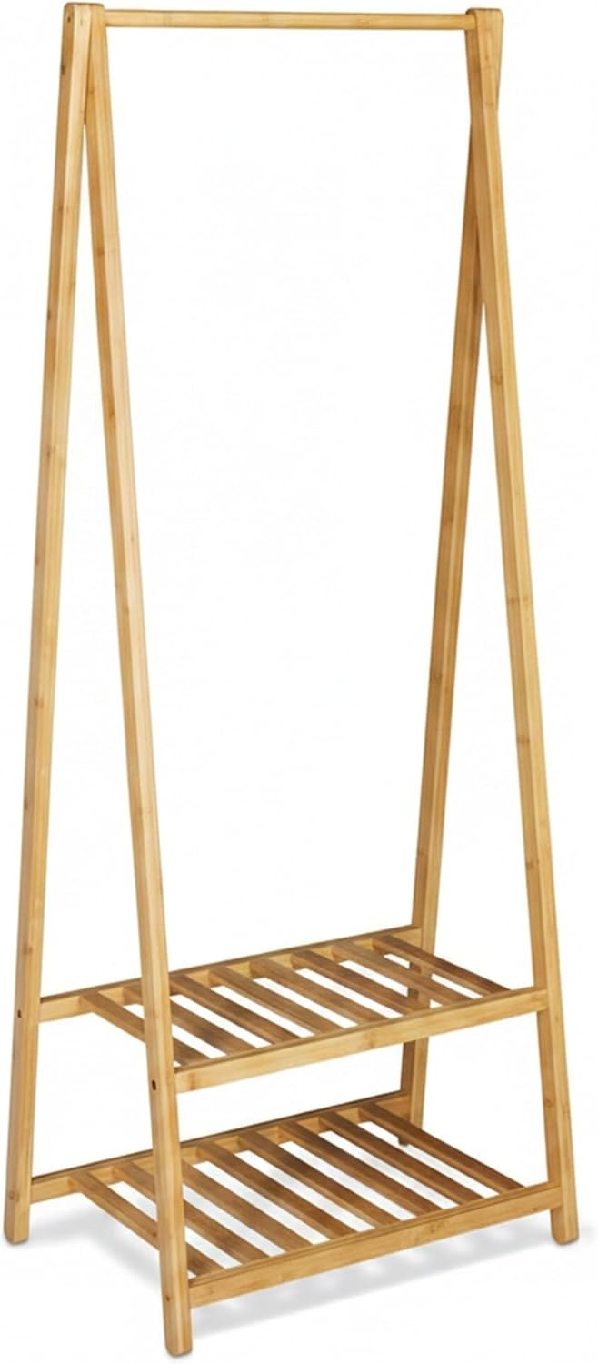 Bamboo Clothes Stand 2 Shelves Garment Rails