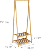 Bamboo Clothes Stand 2 Shelves Garment Rails