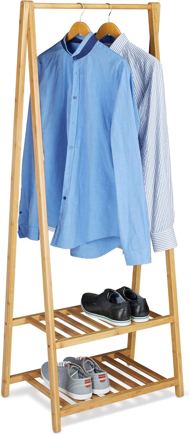 Bamboo Clothes Stand 2 Shelves Garment Rails