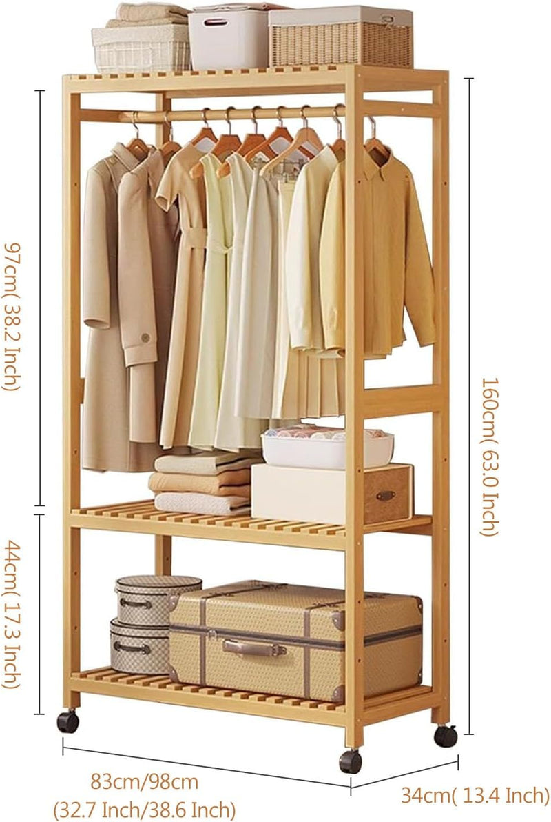 Bamboo Coat Rack Stand with Wheels Garment 3 Tiers