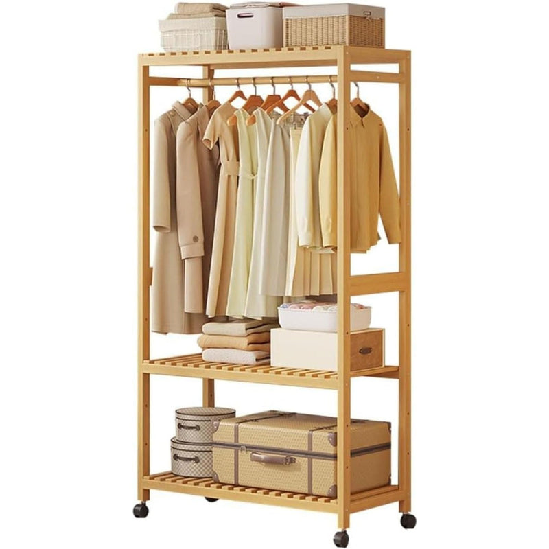 Bamboo Coat Rack Stand with Wheels Garment 3 Tiers