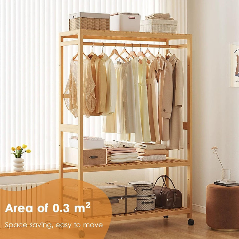 Bamboo Coat Rack Stand with Wheels Garment 3 Tiers