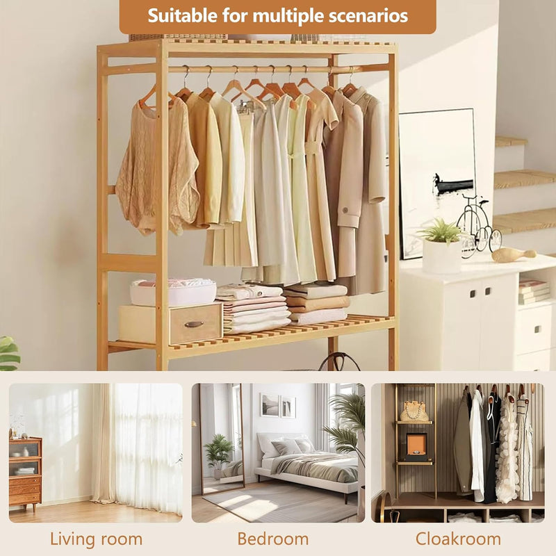 Bamboo Coat Rack Stand with Wheels Garment 3 Tiers