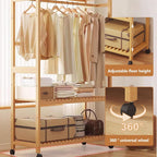 Bamboo Coat Rack Stand with Wheels Garment 3 Tiers