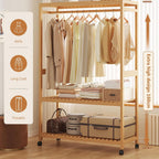 Bamboo Coat Rack Stand with Wheels Garment 3 Tiers