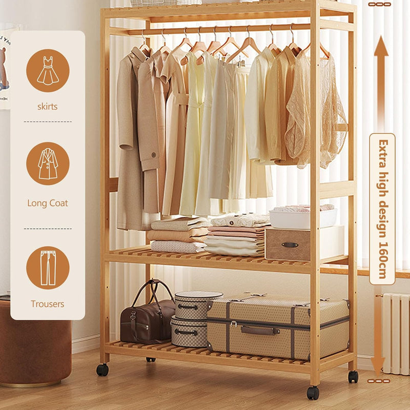 Bamboo Coat Rack Stand with Wheels Garment 3 Tiers